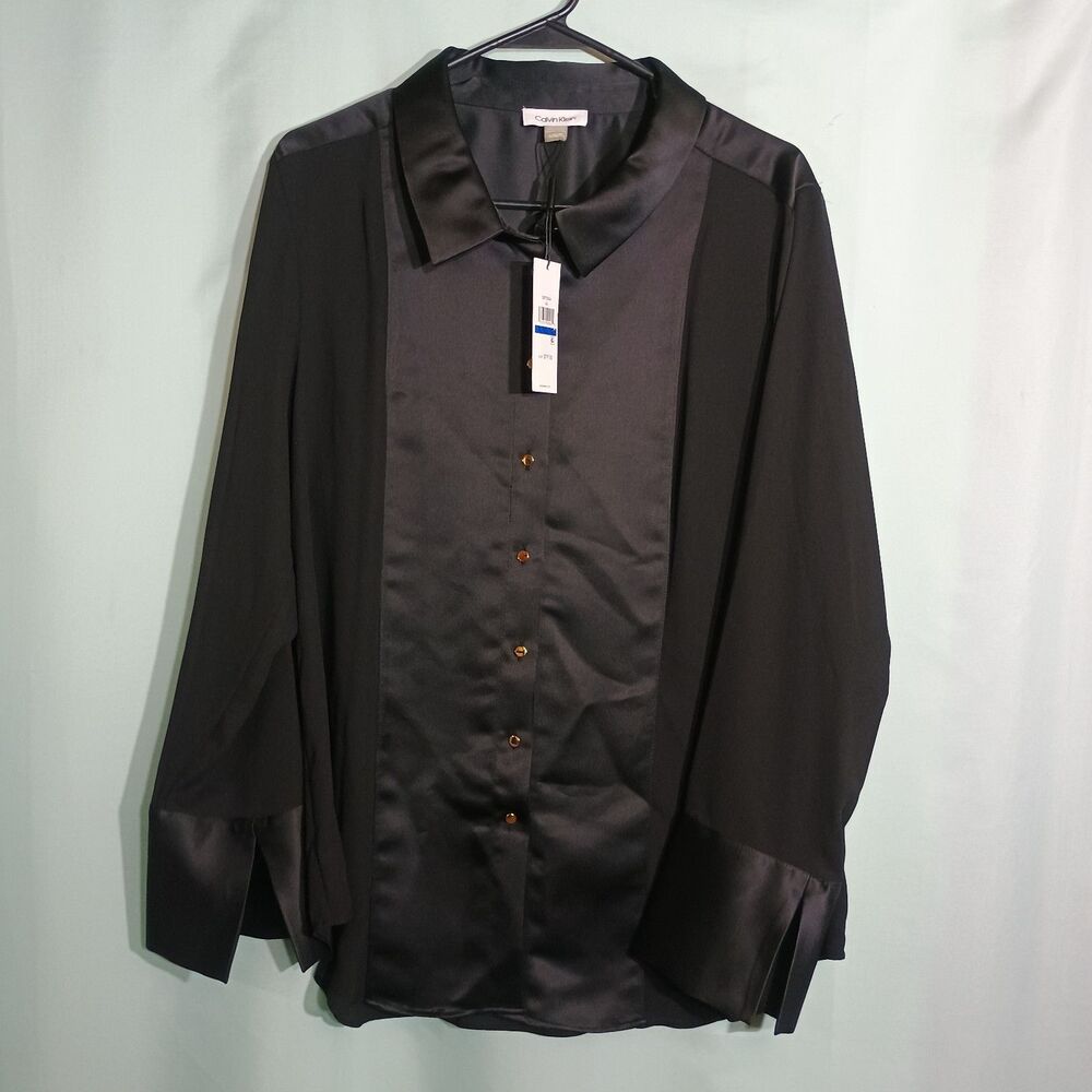 Calvin Klein Black Satin Button Down Blouse Long Sleeve Dressy Career Top